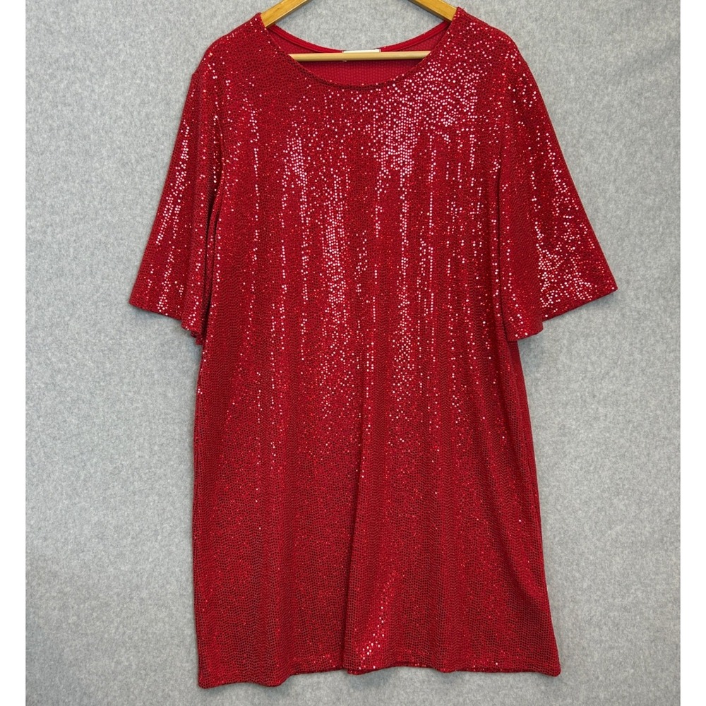 Cherish Red Sparkle Shift Dress Short Sleeve Metallic Christmas Party Size Large